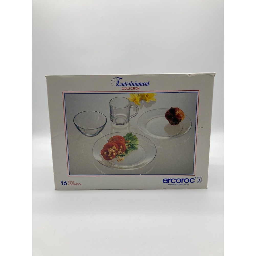 Arcoroc France Cosmos Clear Glass 16 Piece Dinnerware Set Bowls Plates Mugs